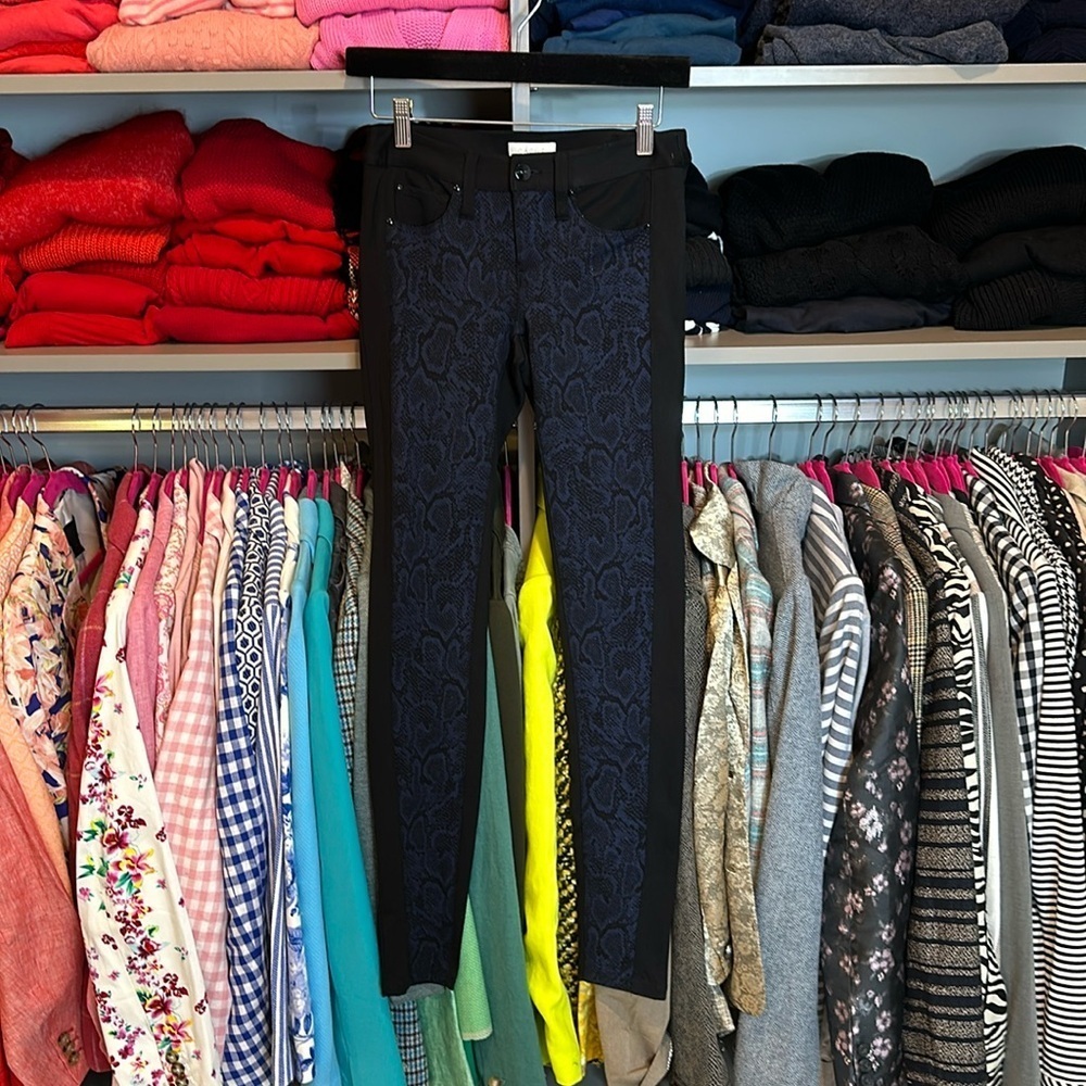 Cache Black With Blue Metallic Snake Print Pants … - image 1